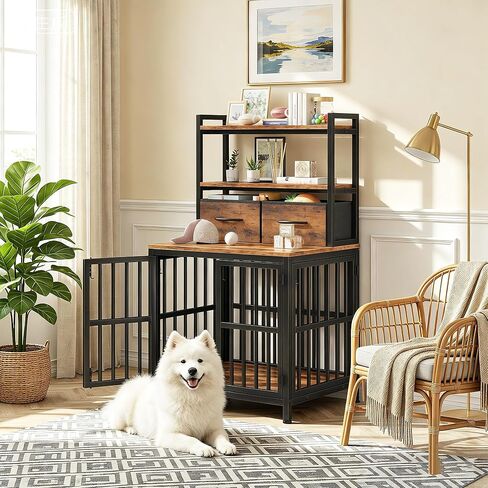 HIGDBFE Dog Crate Furniture with Drawer & Shelf, 25.5" Small Dog Crate with Lockable Doors, Indoor Dog Kennel Furniture for Medium, Small Dogs, Anti-Chew Dog Cage with Storage, Rustic Brown, 43.7" H in Kuwait