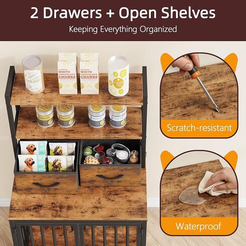 HIGDBFE Dog Crate Furniture with Drawer & Shelf, 25.5" Small Dog Crate with Lockable Doors, Indoor Dog Kennel Furniture for Medium, Small Dogs, Anti-Chew Dog Cage with Storage, Rustic Brown, 43.7" H in Kuwait