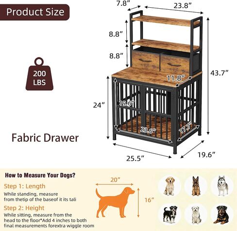 HIGDBFE Dog Crate Furniture with Drawer & Shelf, 25.5" Small Dog Crate with Lockable Doors, Indoor Dog Kennel Furniture for Medium, Small Dogs, Anti-Chew Dog Cage with Storage, Rustic Brown, 43.7" H in Kuwait