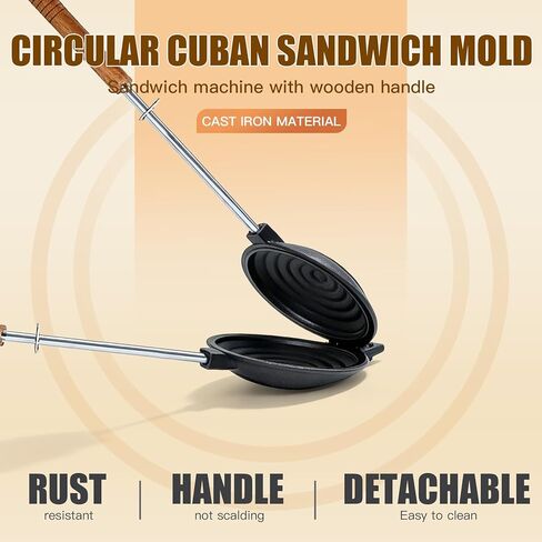 Disquera de Pan Cubano Redondo Cast Iron Cuban Sandwich Press with Swappable Handles 16" & 22", Traditional Round Sandwich Maker for Stovetop and Camping in Kuwait