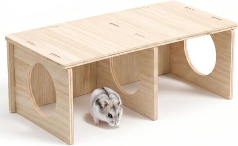 Hamster Peep Tunnel, 2-Chamber Wooden Hamster Hideout, Tunnel Multi Chamber Exploring Toy Hamsters for Gerbil Rat Mice in Kuwait