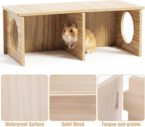 Hamster Peep Tunnel, 2-Chamber Wooden Hamster Hideout, Tunnel Multi Chamber Exploring Toy Hamsters for Gerbil Rat Mice in Kuwait