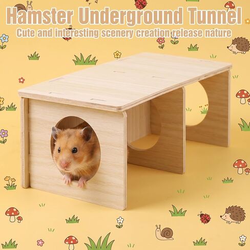 Hamster Peep Tunnel, 2-Chamber Wooden Hamster Hideout, Tunnel Multi Chamber Exploring Toy Hamsters for Gerbil Rat Mice in Kuwait