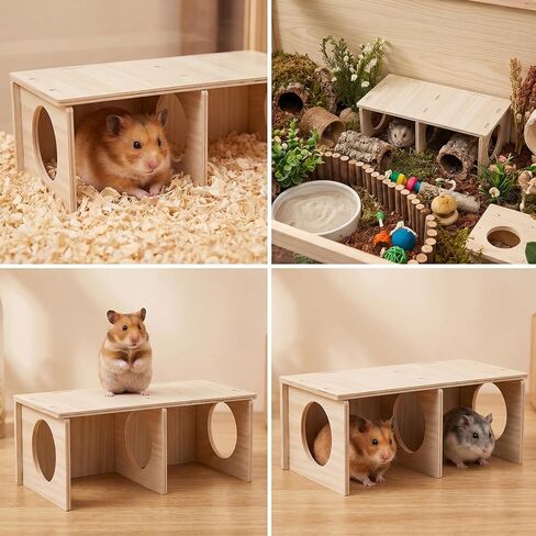 Hamster Peep Tunnel, 2-Chamber Wooden Hamster Hideout, Tunnel Multi Chamber Exploring Toy Hamsters for Gerbil Rat Mice in Kuwait