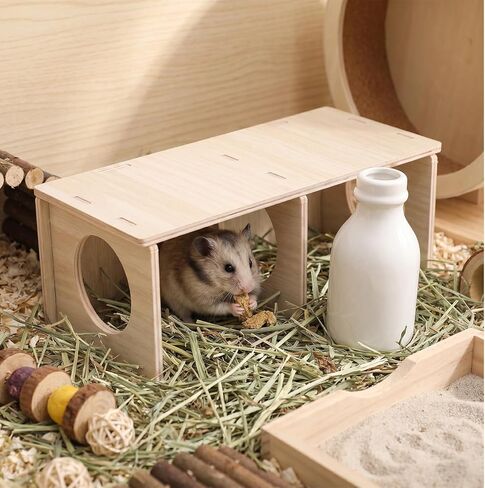 Hamster Peep Tunnel, 2-Chamber Wooden Hamster Hideout, Tunnel Multi Chamber Exploring Toy Hamsters for Gerbil Rat Mice in Kuwait