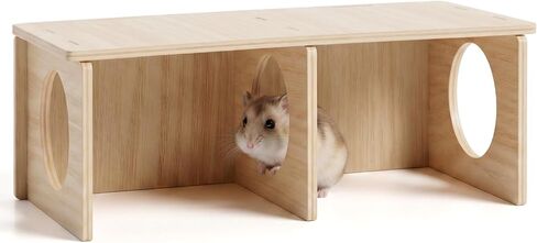 Hamster Peep Tunnel, 2-Chamber Wooden Hamster Hideout, Tunnel Multi Chamber Exploring Toy Hamsters for Gerbil Rat Mice in Kuwait