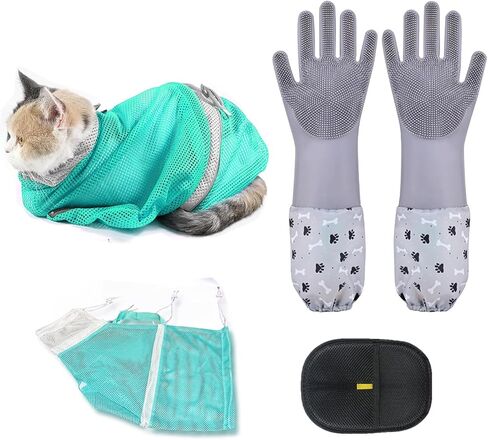 Pet Grooming Long Sleeve Washing Gloves feature silicone grooves design, ideal for both cats and dogs. This set includes 4 pieces in total, coming with a cat bathing bag and a pet hair remover. in Kuwait