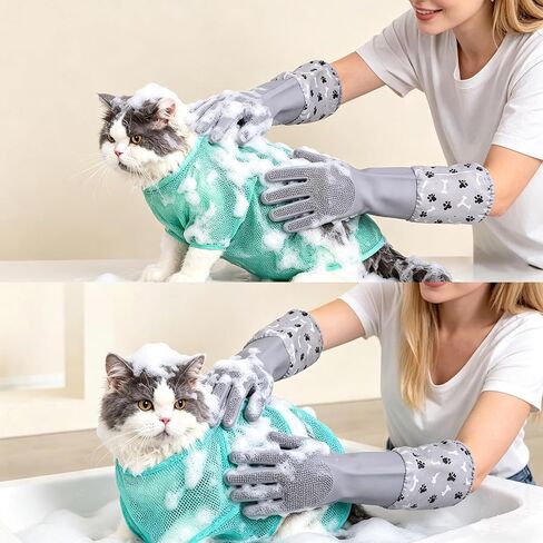 Pet Grooming Long Sleeve Washing Gloves feature silicone grooves design, ideal for both cats and dogs. This set includes 4 pieces in total, coming with a cat bathing bag and a pet hair remover. in Kuwait