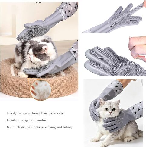 Pet Grooming Long Sleeve Washing Gloves feature silicone grooves design, ideal for both cats and dogs. This set includes 4 pieces in total, coming with a cat bathing bag and a pet hair remover. in Kuwait