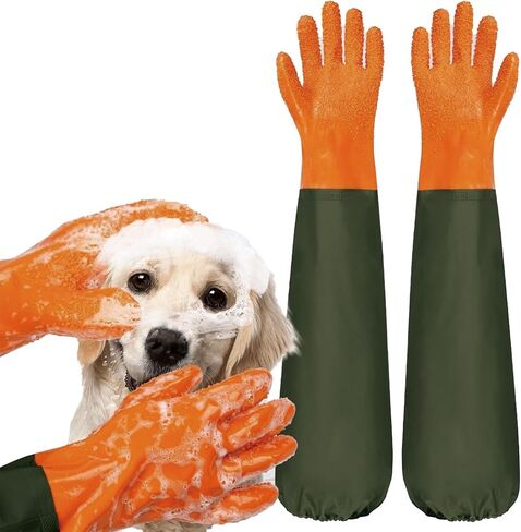 YOFANG Pet Grooming Gloves for Washing Dogs & Cats, 27.6" Extra Long Waterproof Rubber Bath Gloves, Anti-Bite Anti-Scratch Hair Removal Cat Bath Glove with Soft 3500+ Particles, Orange/Green in Kuwait