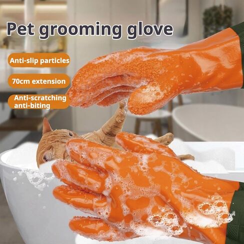 YOFANG Pet Grooming Gloves for Washing Dogs & Cats, 27.6" Extra Long Waterproof Rubber Bath Gloves, Anti-Bite Anti-Scratch Hair Removal Cat Bath Glove with Soft 3500+ Particles, Orange/Green in Kuwait
