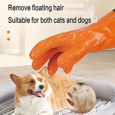 YOFANG Pet Grooming Gloves for Washing Dogs & Cats, 27.6" Extra Long Waterproof Rubber Bath Gloves, Anti-Bite Anti-Scratch Hair Removal Cat Bath Glove with Soft 3500+ Particles, Orange/Green in Kuwait