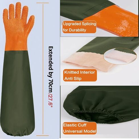 YOFANG Pet Grooming Gloves for Washing Dogs & Cats, 27.6" Extra Long Waterproof Rubber Bath Gloves, Anti-Bite Anti-Scratch Hair Removal Cat Bath Glove with Soft 3500+ Particles, Orange/Green in Kuwait