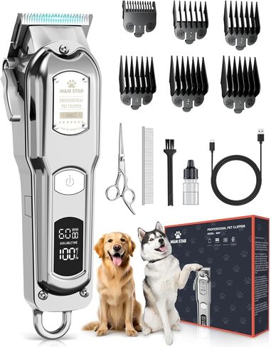 M&M STAR Dog Clippers for Grooming Thick Heavy Coats, All-Metal Body Low Noise Cordless Rechargeable Dog Hair Trimmer, Stainless Steel Blade, Professional Pet Grooming Kit for Dogs & Cats (Silver) in Kuwait