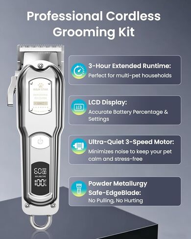 M&M STAR Dog Clippers for Grooming Thick Heavy Coats, All-Metal Body Low Noise Cordless Rechargeable Dog Hair Trimmer, Stainless Steel Blade, Professional Pet Grooming Kit for Dogs & Cats (Silver) in Kuwait