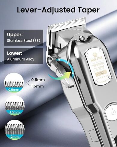 M&M STAR Dog Clippers for Grooming Thick Heavy Coats, All-Metal Body Low Noise Cordless Rechargeable Dog Hair Trimmer, Stainless Steel Blade, Professional Pet Grooming Kit for Dogs & Cats (Silver) in Kuwait
