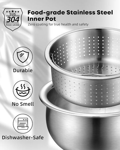Novaspark Low Carb Rice Cooker Stainless Steel Inner Pot, Mini Stainless Steel Rice Cooker Small 5 Cup, LED Display Low Sugar Rice Maker, 24H Timer and Auto Keep Warm, White Rice/Porridge/Oatmeal in Kuwait