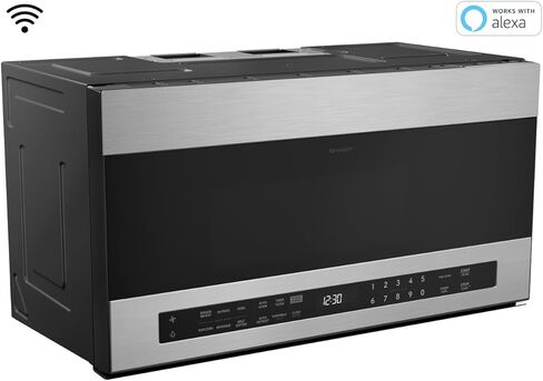 فرن ميكروويف SHARP SMO1759JS ذكي فوق النطاق مع قرص دوار دائري مقاس 13.6 بوصة، 30 بوصة، 1.7 قدم مكعب، 1000 وات، مروحة 300CFM، مستشعر للطهي، متوافق مع Alexa، زجاج أسود من الحافة إلى الحافة in Kuwait