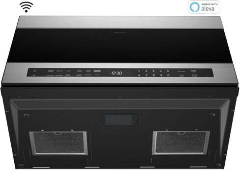 فرن ميكروويف SHARP SMO1759JS ذكي فوق النطاق مع قرص دوار دائري مقاس 13.6 بوصة، 30 بوصة، 1.7 قدم مكعب، 1000 وات، مروحة 300CFM، مستشعر للطهي، متوافق مع Alexa، زجاج أسود من الحافة إلى الحافة in Kuwait