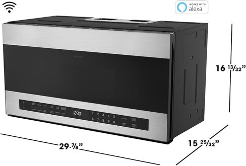 فرن ميكروويف SHARP SMO1759JS ذكي فوق النطاق مع قرص دوار دائري مقاس 13.6 بوصة، 30 بوصة، 1.7 قدم مكعب، 1000 وات، مروحة 300CFM، مستشعر للطهي، متوافق مع Alexa، زجاج أسود من الحافة إلى الحافة in Kuwait