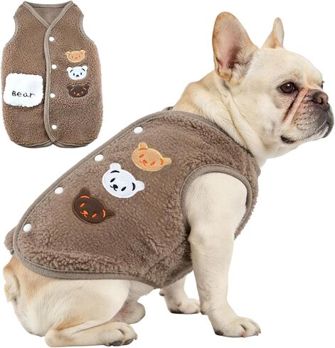 Dog Fleece Vest Sweater, Button-Up Warm Pullover Step-in Dog Jacket with Bear Print, Winter Cold Weather Coat Clothes Hoodie for Small Medium Dogs Puppy Boy Girl(White, L(12 to 15 lbs)) in Saudi Arabia