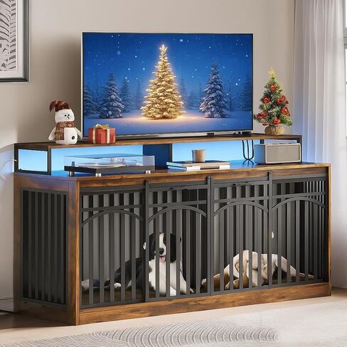 DWVO 71" Double Dog Crate Furniture with LED Light & Power Outlets, Heavy Duty Dual Dog Kennel TV Stand w Storage Shelves Sliding Doors, Wooden Two Dog Cage Table 2 Medium Large Dogs, Rustic Brown in Kuwait