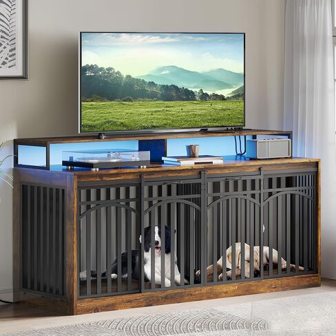 DWVO 71" Double Dog Crate Furniture with LED Light & Power Outlets, Heavy Duty Dual Dog Kennel TV Stand w Storage Shelves Sliding Doors, Wooden Two Dog Cage Table 2 Medium Large Dogs, Rustic Brown in Kuwait