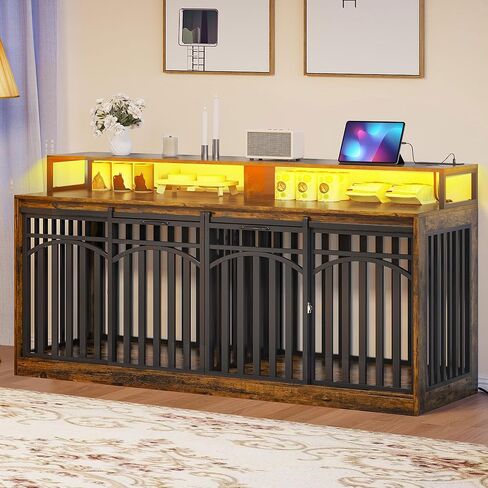 DWVO 71" Double Dog Crate Furniture with LED Light & Power Outlets, Heavy Duty Dual Dog Kennel TV Stand w Storage Shelves Sliding Doors, Wooden Two Dog Cage Table 2 Medium Large Dogs, Rustic Brown in Kuwait