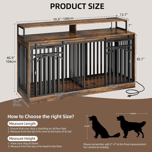 DWVO 71" Double Dog Crate Furniture with LED Light & Power Outlets, Heavy Duty Dual Dog Kennel TV Stand w Storage Shelves Sliding Doors, Wooden Two Dog Cage Table 2 Medium Large Dogs, Rustic Brown in Kuwait