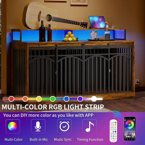 DWVO 71" Double Dog Crate Furniture with LED Light & Power Outlets, Heavy Duty Dual Dog Kennel TV Stand w Storage Shelves Sliding Doors, Wooden Two Dog Cage Table 2 Medium Large Dogs, Rustic Brown in Kuwait