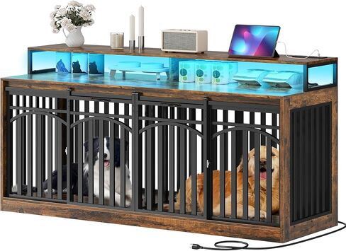 DWVO 71" Double Dog Crate Furniture with LED Light & Power Outlets, Heavy Duty Dual Dog Kennel TV Stand w Storage Shelves Sliding Doors, Wooden Two Dog Cage Table 2 Medium Large Dogs, Rustic Brown in Kuwait