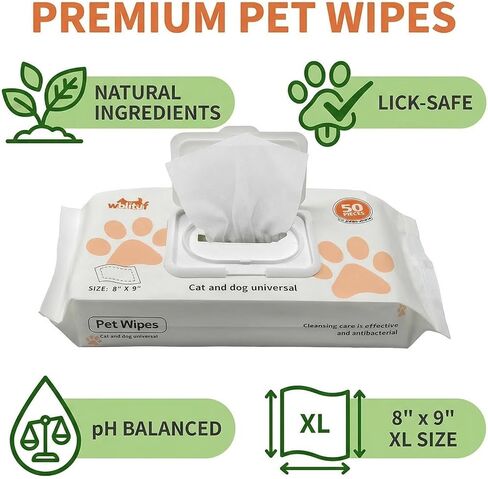 Pet Grooming Wipes 50 Count, Jumbo Size 8" x 9", Lick-Safe, Alcohol-Free Deodorizing Wipes for Dogs & Cats with Sensitive Skin in Kuwait
