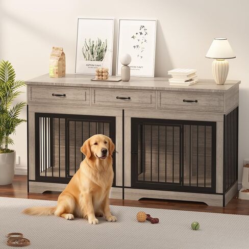 Heavy Duty Double Dog Crate Furniture for 2 Medium/Large Dogs - 70.9" Wooden Indoor Kennel with 3 Drawers - Multi-Functional End Table & TV Stand - Chew Resistant - White + Walnut Color in Kuwait