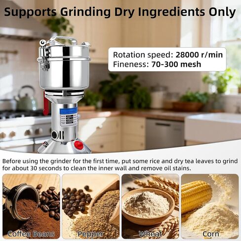 750g Grain Mill Grinder, 2000W High Speed Wheat Grinder for Making Flour, Stainless Steel Countertop Grain Mill Flour Suitable for Coffee Beans, Pepper, Dry Spice in Kuwait