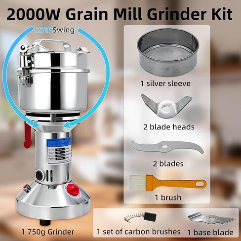 750g Grain Mill Grinder, 2000W High Speed Wheat Grinder for Making Flour, Stainless Steel Countertop Grain Mill Flour Suitable for Coffee Beans, Pepper, Dry Spice in Kuwait