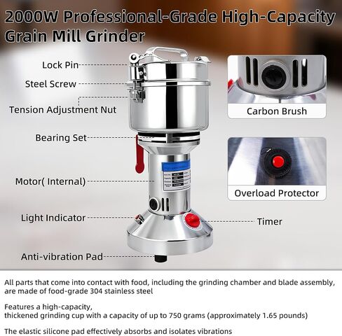 750g Grain Mill Grinder, 2000W High Speed Wheat Grinder for Making Flour, Stainless Steel Countertop Grain Mill Flour Suitable for Coffee Beans, Pepper, Dry Spice in Kuwait