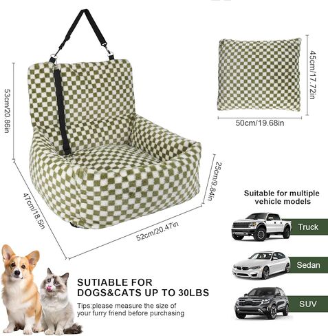 Dog Car Seat for Small Dogs,Medium Dog Car Bed with Detachable Washable Cover,Pet Puppy Booster Cars Seats with Safety Belt Up to 30 lbs(Grid Green) in Kuwait