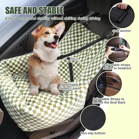 Dog Car Seat for Small Dogs,Medium Dog Car Bed with Detachable Washable Cover,Pet Puppy Booster Cars Seats with Safety Belt Up to 30 lbs(Grid Green) in Kuwait