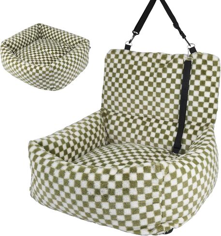 Dog Car Seat for Small Dogs,Medium Dog Car Bed with Detachable Washable Cover,Pet Puppy Booster Cars Seats with Safety Belt Up to 30 lbs(Grid Green) in Kuwait