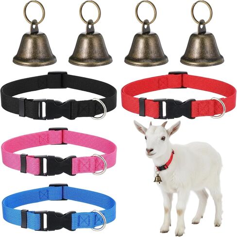 4 Pack Goat Collars with Bells, Sheep Grazing Copper Bells and Adjustable Nylon Collar Set, Loud Bronze Bell for Find Your Farm Animals Fast, Suitable for Small Farm Animal Sheep Goat Cow Accessories in Kuwait