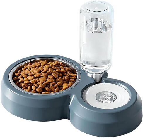 Double Dog Cat Bowls, Cat Food and Water Bowl Set with Auto-Water Dispenser and Stainless Steel Bowl Feeder for Small Size Dogs & Cats, Gift of Anti-Slip Mat, Chic Blue in Kuwait