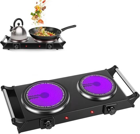 2000W Double Coil Electric Burner, Portable Countertop Stove with 5-Level Temperature Control, Cast Iron Hot Plate for RV, Home, and Camping, 110V, Easy to Clean with Stay-Cool Handles in Kuwait