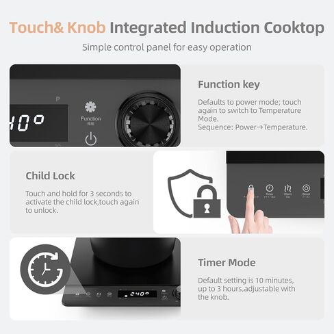 Induction Cooktop,Zopehan Single Portable Induction Cooker Countertop Burner For Cooking,8 Power Levels&8 Temp Setting,3-Hour Timer Child Safety Lock in Kuwait
