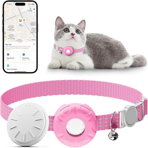 Cat GPS Tracker for Cats, Waterproof Pet GPS Tracker, Compatible with Apple Find My App (Only iOS), No Monthly Fee (White Tracker, Pink Cat Collar)-2025091601 in Kuwait