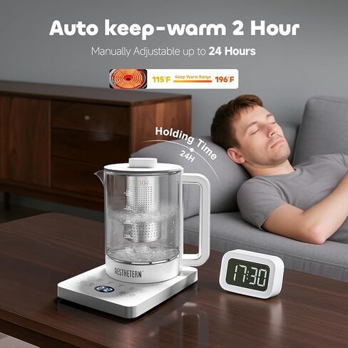 Electric Tea Kettle with Infuser, 1.5L Glass Water Boiler with Temperature Control, 24H Keep Warm & Auto Shut-Off, White in Kuwait