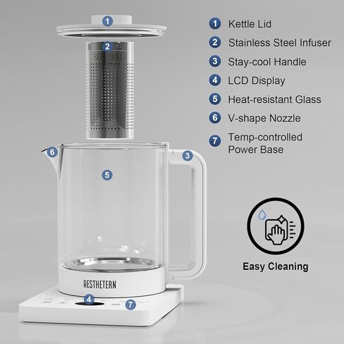 Electric Tea Kettle with Infuser, 1.5L Glass Water Boiler with Temperature Control, 24H Keep Warm & Auto Shut-Off, White in Kuwait