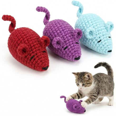 Catnip Toys Crochet Mice Cat Toys, 3 Pcs Handmade Durable Yarn Mice Toys with Natural Catnip & Silvervine, Interactive Kitten Chew Kicker Toy for Teeth Cleaning & Anxiety Relief in Saudi Arabia