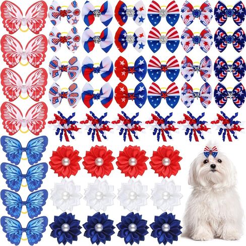 MTLEE 50 Pcs 4th of July Dog Hair Bows, Patriotic Red White Blue Pet Bows with Rubber Bands, Star Rhinestone Puppy Yorkie Cat Hair Accessories for Memorial Day Independence Day American Celebrations in Kuwait