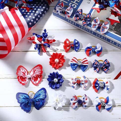 MTLEE 50 Pcs 4th of July Dog Hair Bows, Patriotic Red White Blue Pet Bows with Rubber Bands, Star Rhinestone Puppy Yorkie Cat Hair Accessories for Memorial Day Independence Day American Celebrations in Kuwait