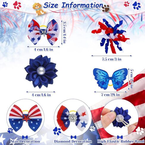 MTLEE 50 Pcs 4th of July Dog Hair Bows, Patriotic Red White Blue Pet Bows with Rubber Bands, Star Rhinestone Puppy Yorkie Cat Hair Accessories for Memorial Day Independence Day American Celebrations in Kuwait